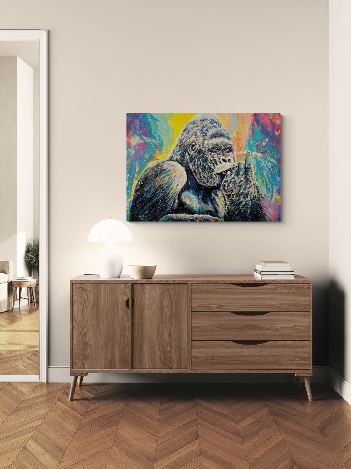 Gorilla e colibrì stampa su canvas retouchè