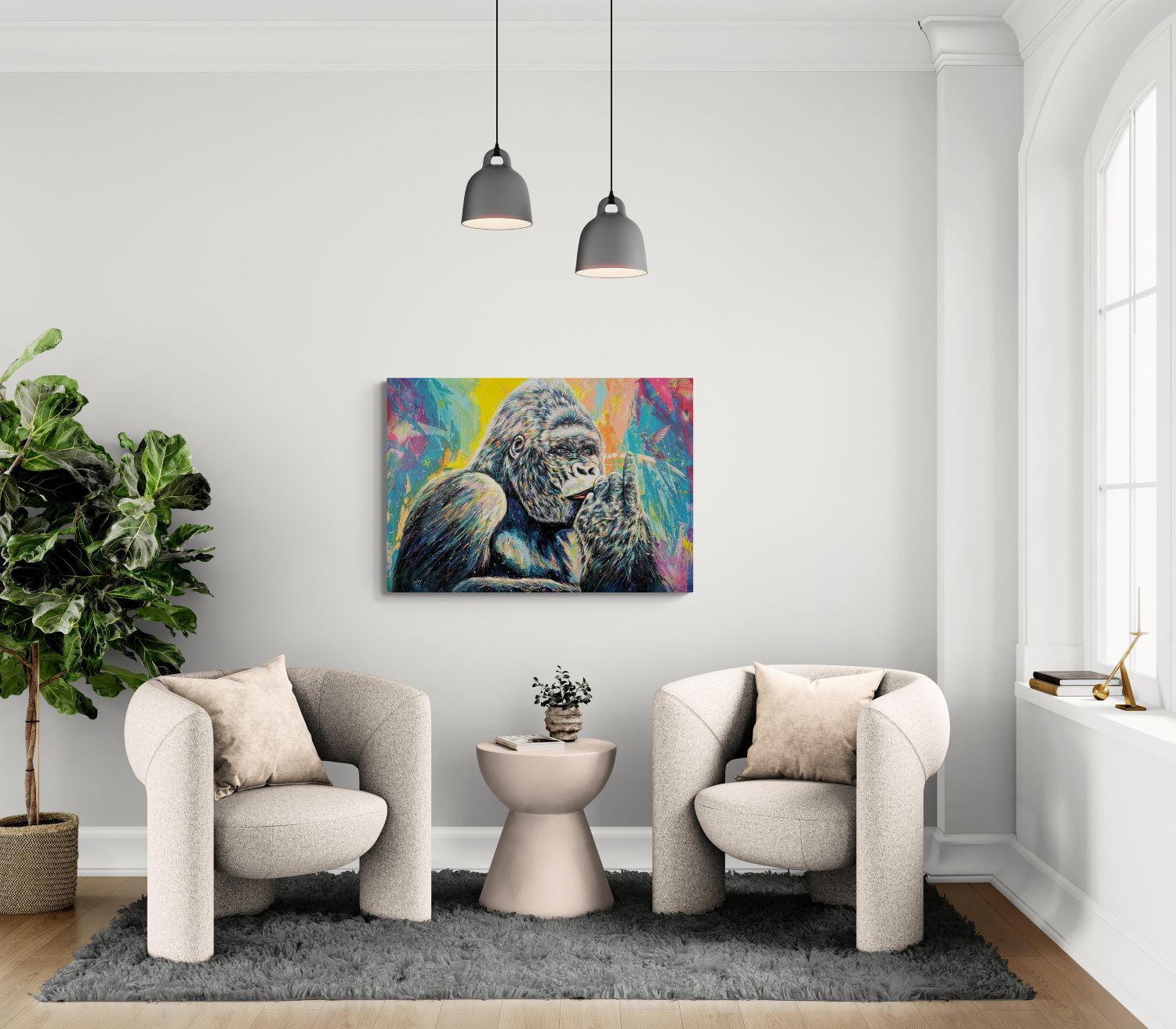 Gorilla e colibrì stampa su canvas retouchè