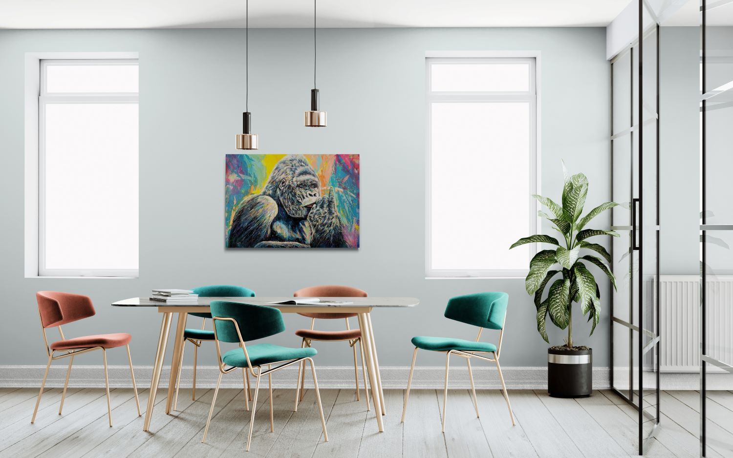 Gorilla e colibrì stampa su canvas retouchè