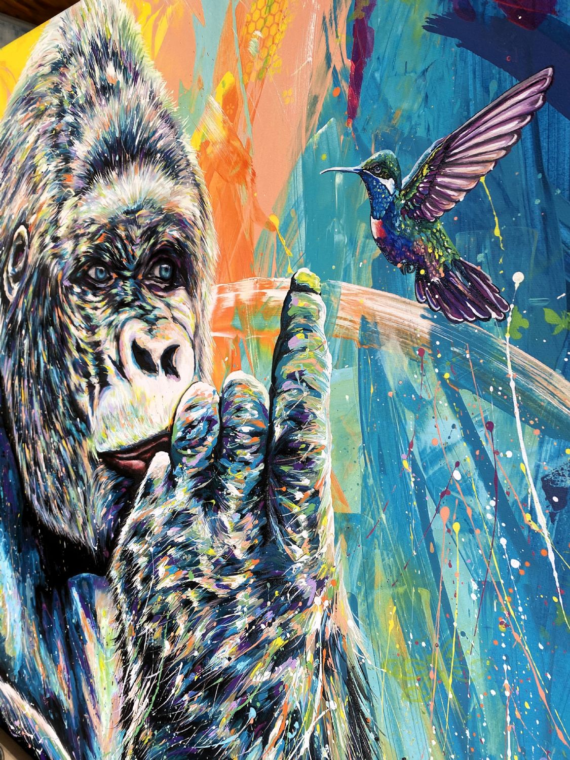 Gorilla e colibrì stampa su canvas retouchè
