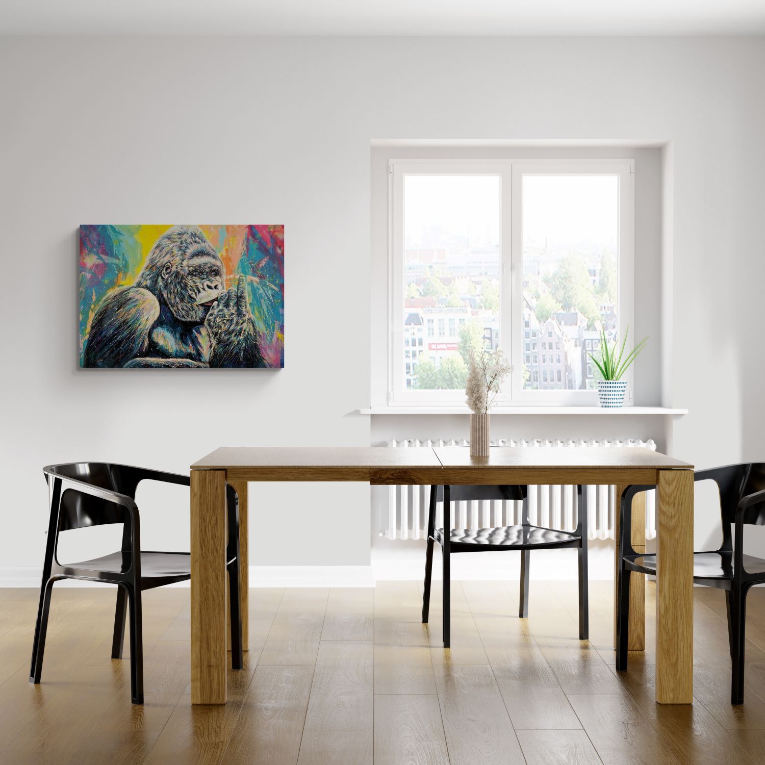 Gorilla e colibrì stampa su canvas retouchè