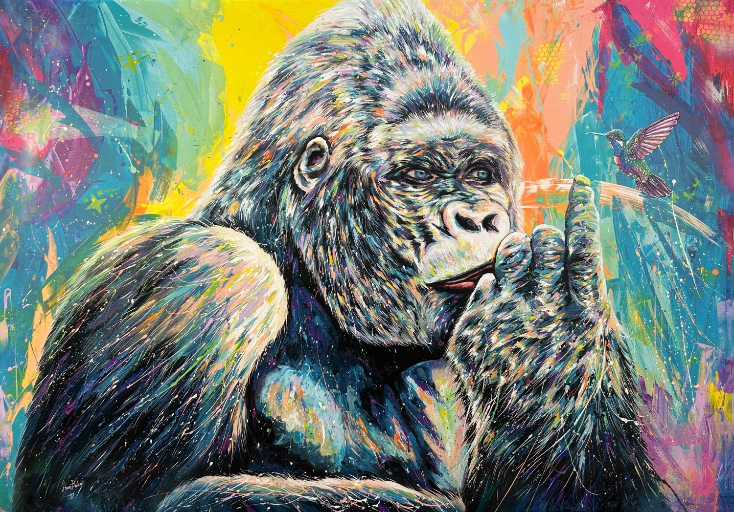 Gorilla e colibrì stampa su canvas retouchè