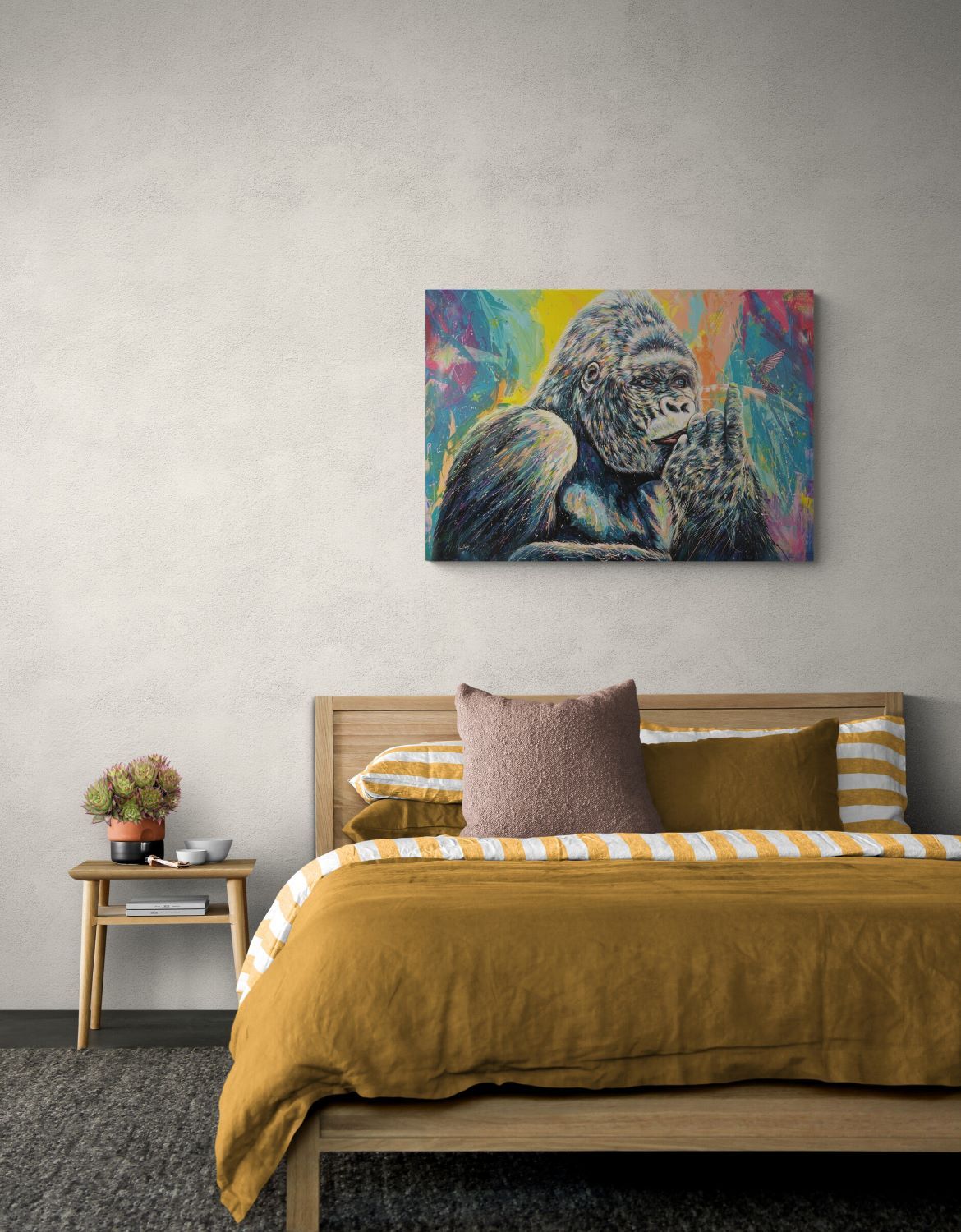 Gorilla e colibrì stampa su canvas retouchè
