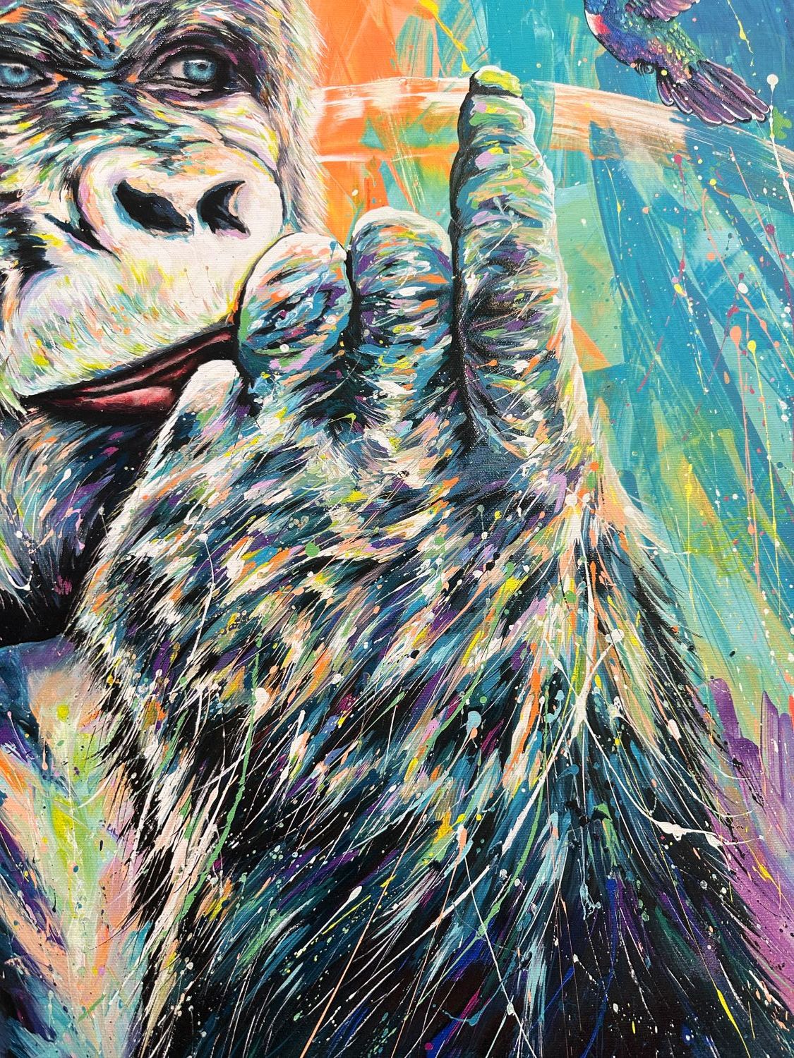 Gorilla e colibrì stampa su canvas retouchè